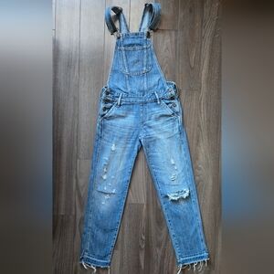 Abercrombie & Fitch Denim Overalls XXS Distressed Cropped Raw Hem Vintage Wash